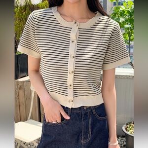 SHEIN Cream and Black Striped Button-Down Shirt